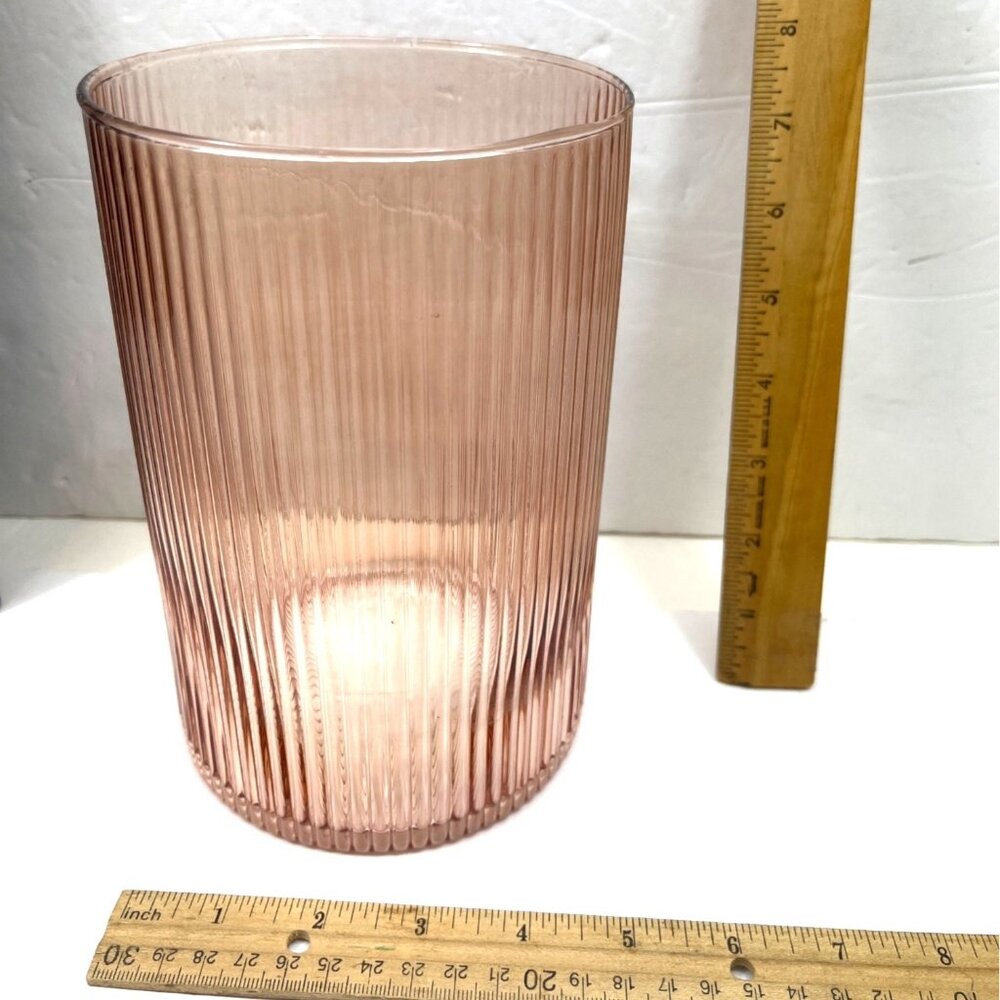 Pink Ribbed Glass Vase 6.5" Tall Vintage-Style Cylinder For Home Decor/Floral - Picture 2 of 5